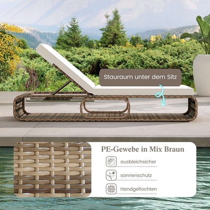 Adjustable Rattan Sun Lounger with Cushion, 180kg Capacity