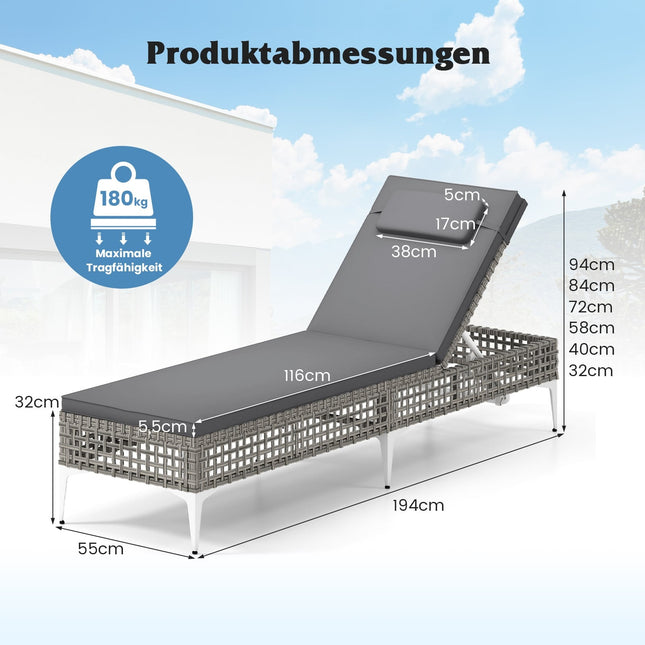 Adjustable Rattan Sun Lounger with Cushion & Headrest