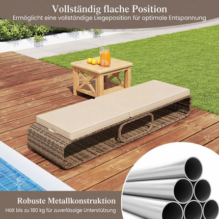 Adjustable Rattan Sun Lounger with Cushion, Khaki