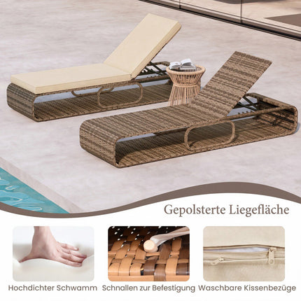 Adjustable Rattan Sun Lounger with Cushion, Khaki