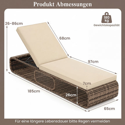 Adjustable Rattan Sun Lounger with Cushion, Khaki