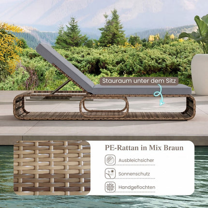Adjustable Rattan Sun Lounger with Cushion, Weatherproof