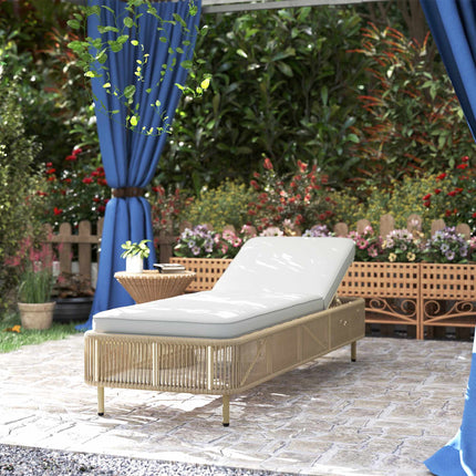 Adjustable Rattan Sun Lounger with Cushion, Yellow/Cream