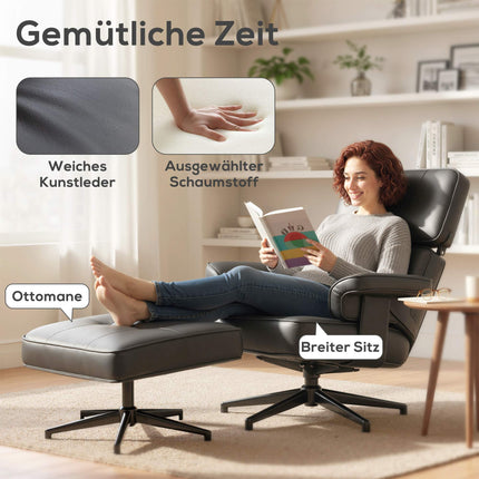 Adjustable Recliner with Ottoman, Faux Leather, Black