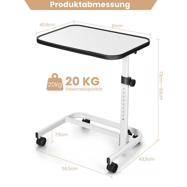 Adjustable Rolling Bedside Table with Tilting Top, 73-93 cm