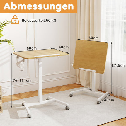Adjustable Rolling Laptop Desk with Tilt Top, 76-111 cm