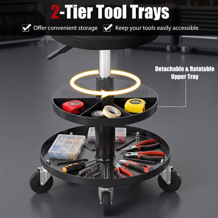 Adjustable Rolling Mechanic Stool with Tool Trays, Black