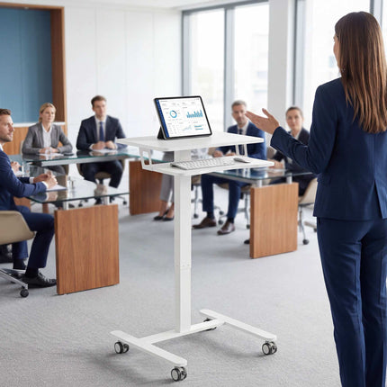 Adjustable Rolling Sit-Stand Desk with Keyboard Tray, White