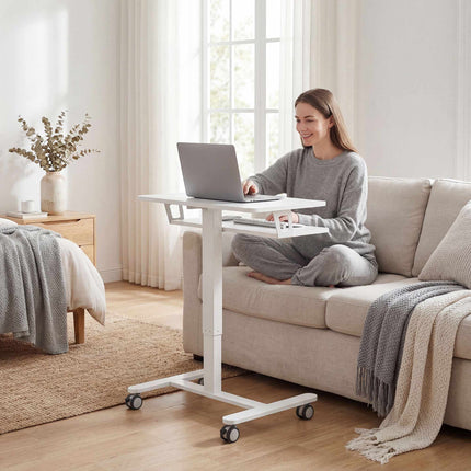 Adjustable Rolling Sit-Stand Desk with Keyboard Tray, White
