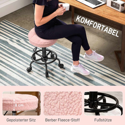 Adjustable Rolling Stool, Pink, 360° Swivel, 50-66 cm Height
