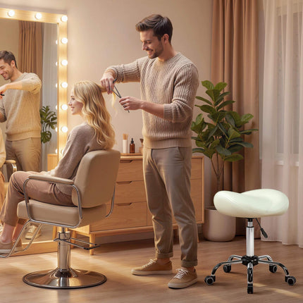 Adjustable Saddle Stool with PU Leather, Cream White