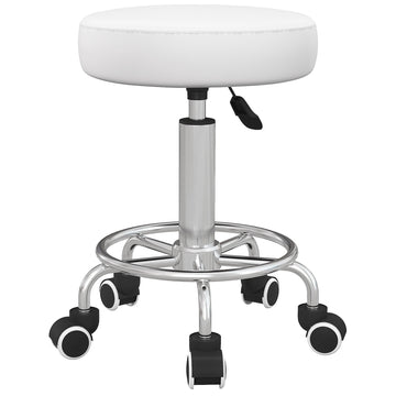 Adjustable Salon Stool, White Faux Leather, 110 kg Capacity