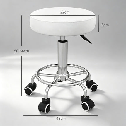 Adjustable Salon Stool, White Faux Leather, 110 kg Capacity