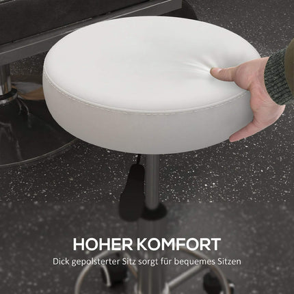 Adjustable Salon Stool, White Faux Leather, 110 kg Capacity