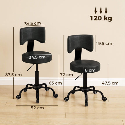 Adjustable Salon Stool with Wheels, Black PU Leather