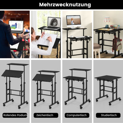 Adjustable Sit-Stand Desk with Wheels, Black, MDF & Steel