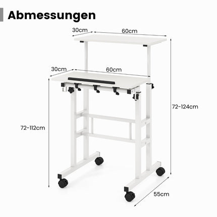 Adjustable Sit-Stand Desk with Wheels, White MDF & Steel
