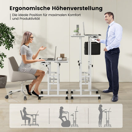 Adjustable Sit-Stand Desk with Wheels, White MDF & Steel