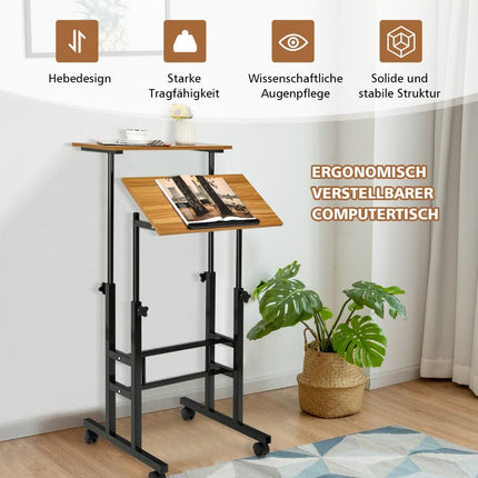 Adjustable Standing Desk with Wheels, Black & Walnut