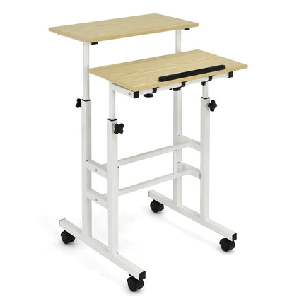 Adjustable Standing Desk with Wheels, White/Natural