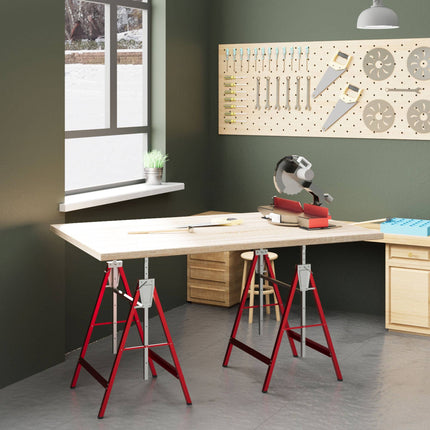 Adjustable Steel Sawhorse Set, Red, 200kg Capacity