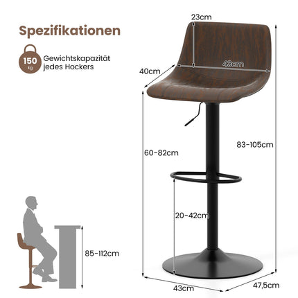 Adjustable Swivel Bar Stools Set, Brown, 60-82 cm