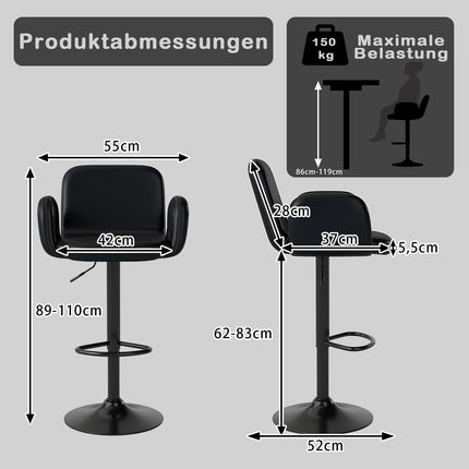 Adjustable Swivel Bar Stools, Set of 2, Black Leather