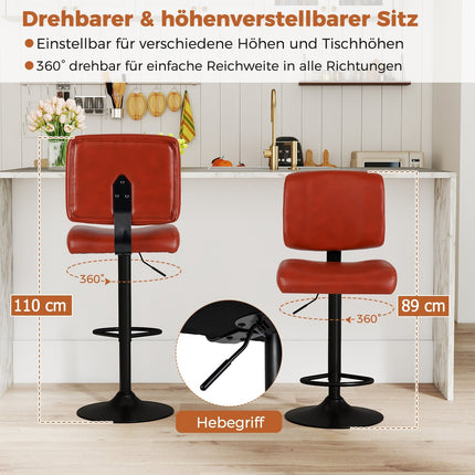 Adjustable Swivel Bar Stools, Set of 2, Faux Leather, Red-Brown