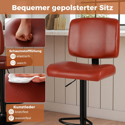 Adjustable Swivel Bar Stools, Set of 2, Faux Leather, Red-Brown