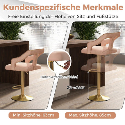 Adjustable Velvet Bar Stools, Pink, Set of 2, 63-85cm