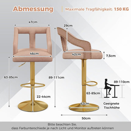Adjustable Velvet Bar Stools, Pink, Set of 2, 63-85cm