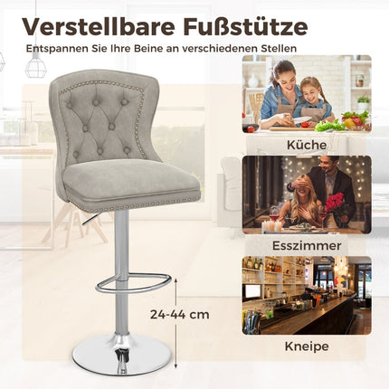 Adjustable Velvet Bar Stools, Set of 2, Grey, 67-87cm