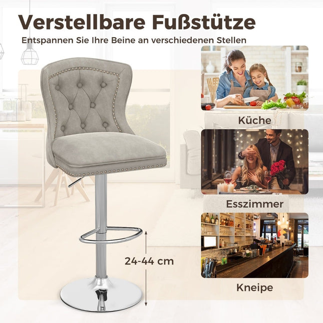 Adjustable Velvet Bar Stools, Set of 2, Grey, 67-87cm