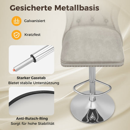 Adjustable Velvet Bar Stools, Set of 2, Grey, 67-87cm