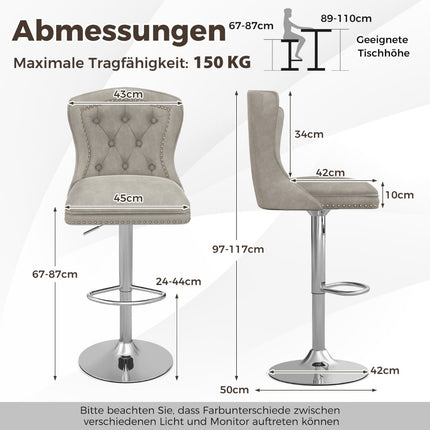 Adjustable Velvet Bar Stools, Set of 2, Grey, 67-87cm