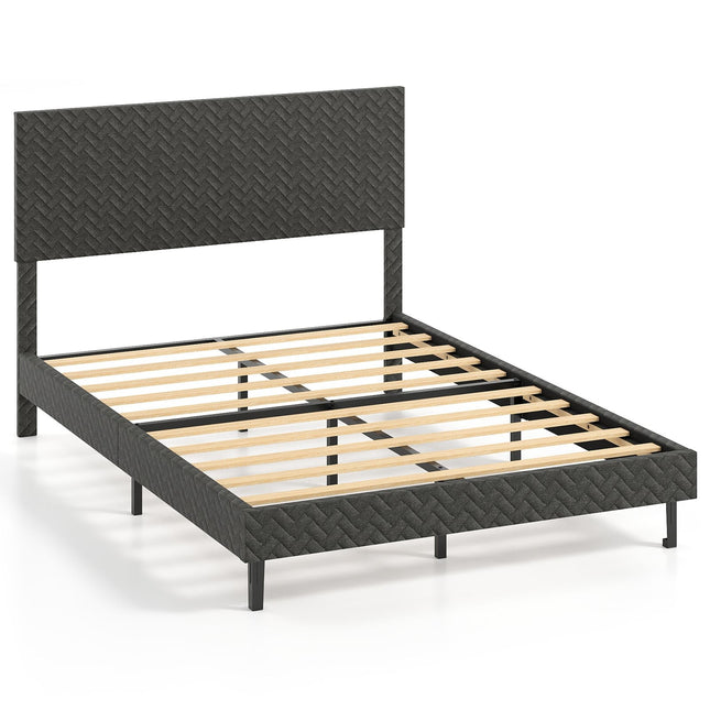 Adjustable Velvet Bed Frame with Chevron Headboard, Grey
