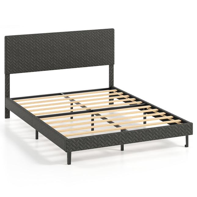 Adjustable Velvet Bed Frame with Chevron Headboard, Grey
