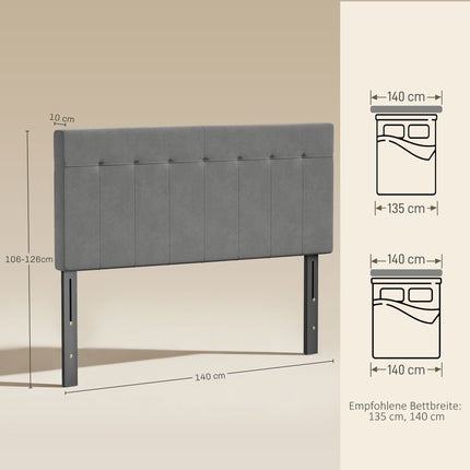 Adjustable Velvet Headboard with Metal Legs, 140 cm, Gray