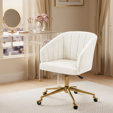 Adjustable Velvet Office Chair, Foam Padding, Cream White