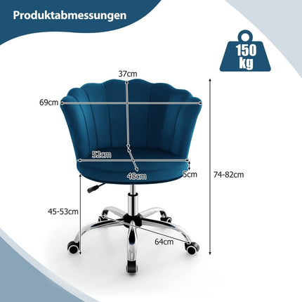 Adjustable Velvet Office Chair with Wheels, Ergonomic, Blue