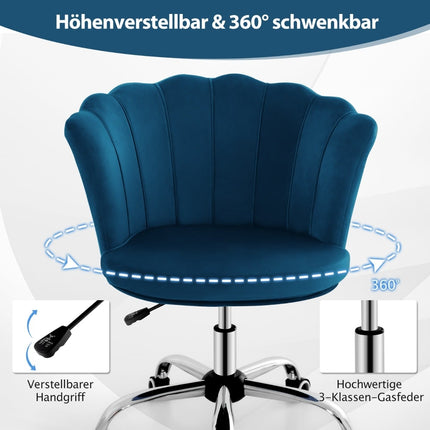 Adjustable Velvet Office Chair with Wheels, Ergonomic, Blue