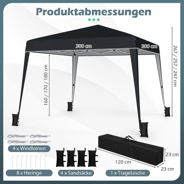Adjustable Waterproof Pop-Up Gazebo, 3x3m, Black