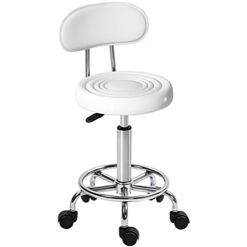 Adjustable White Rolling Stool with Backrest and Footrest