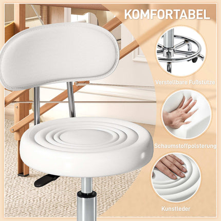Adjustable White Rolling Stool with Backrest and Footrest