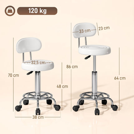 Adjustable White Rolling Stool with Backrest and Footrest