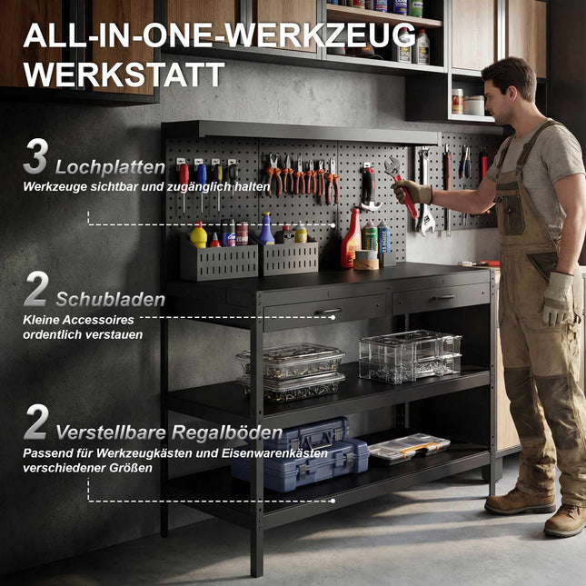 Adjustable Workbench with Pegboard & Shelves, Black, 122x61x156 cm