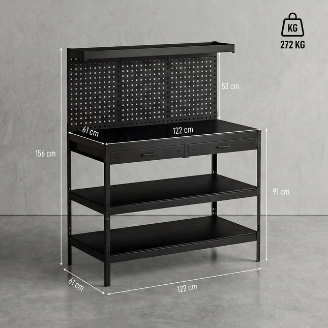Adjustable Workbench with Pegboard & Shelves, Black, 122x61x156 cm
