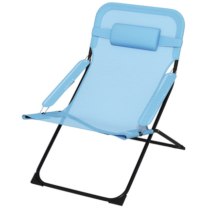 Adjustable blue camping chair, cushion, supports 120 kg