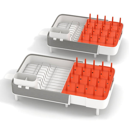 Adjustable dish drainer with removable cutlery holder and cup holder. Expandable