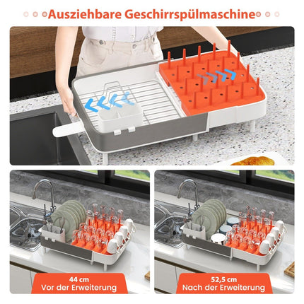 Adjustable dish drainer with removable cutlery holder and cup holder. Expandable